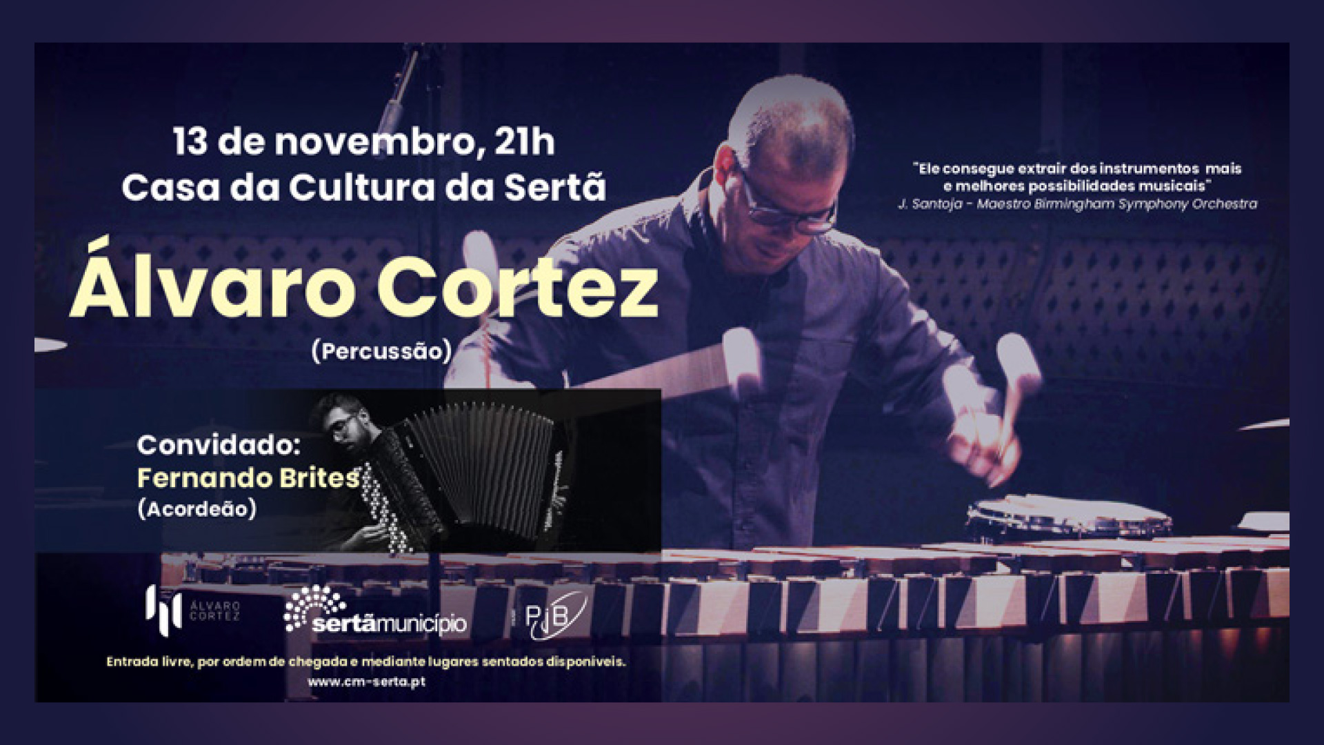 Concerto de Percussão e Acordeão, a 13 de novembro, na Casa da Cultura